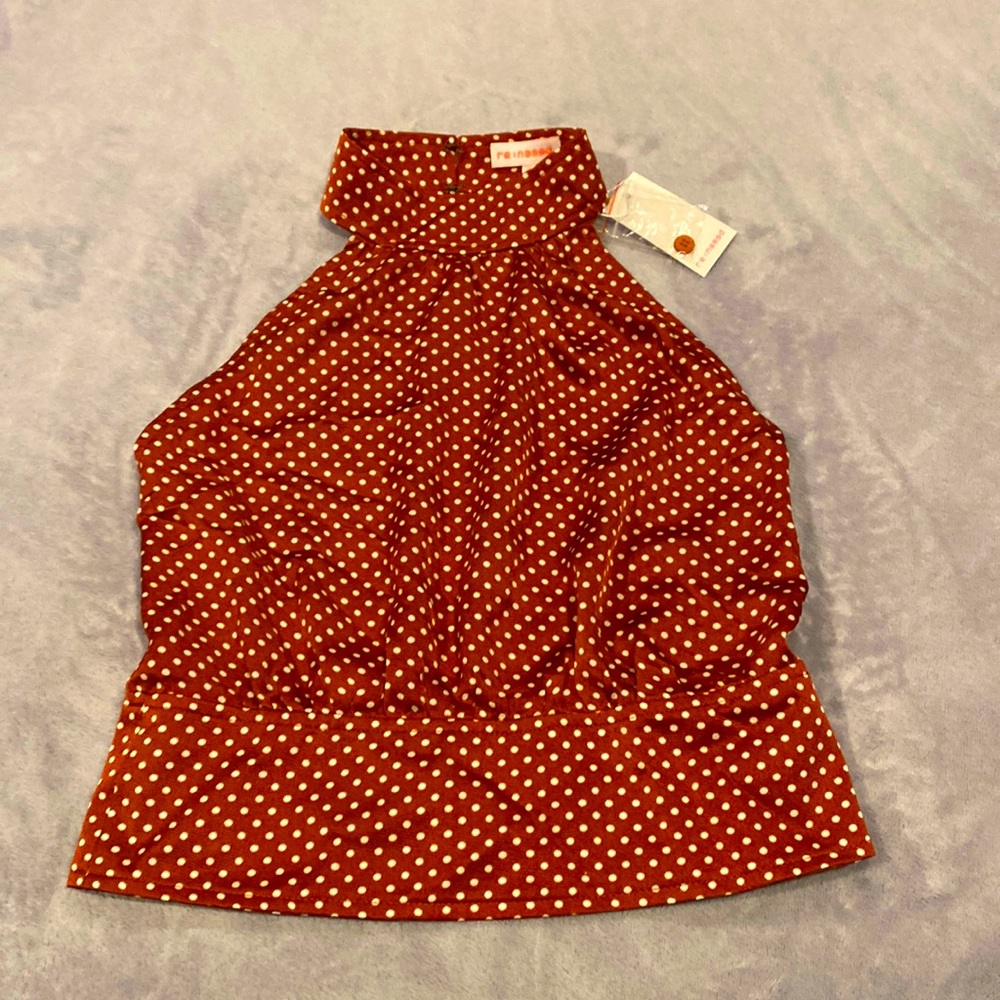 Mock neck backless tan/brown polka dot top, size M